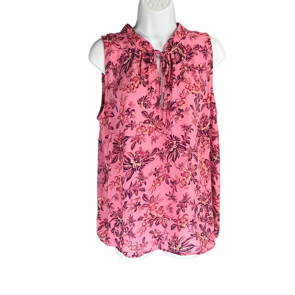 LOFT Top‎ Womens Sz L Pink Floral Tie Neck Blouse Feminine Spring Romantic